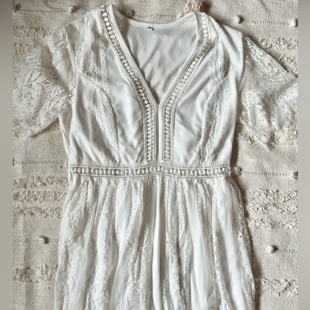 V Neck Floral Lace White Short Sleeve Boho Photoshoot Maternity Dress small - Picture 6 of 12